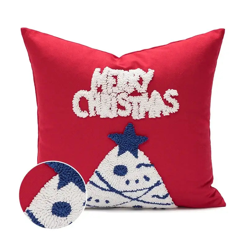 Embroidered red snowman cartoon christmas pillow cover with textured merry christmas design and tree for living room decorbites cartoon christmas pillow