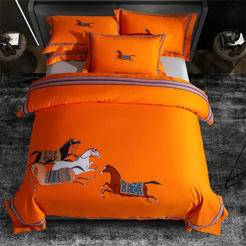 Vibrant orange bedding set with embroidered galloping horses and colorful saddles for decorbites galloping horse decor