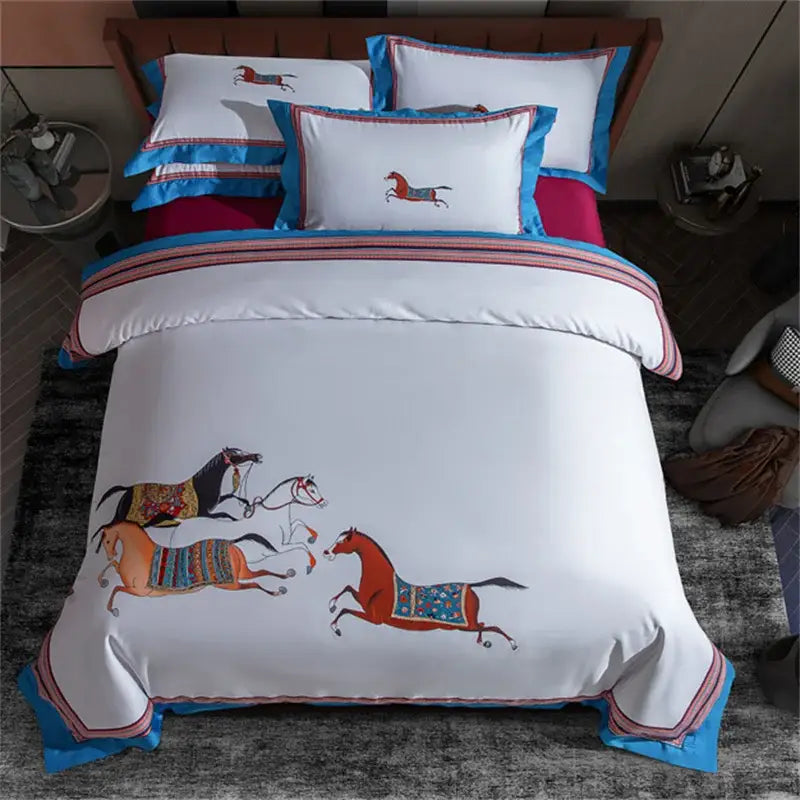 White duvet cover from decorbites galloping horse bedding set with vibrant embroidered horses and blue trim decorbites galloping