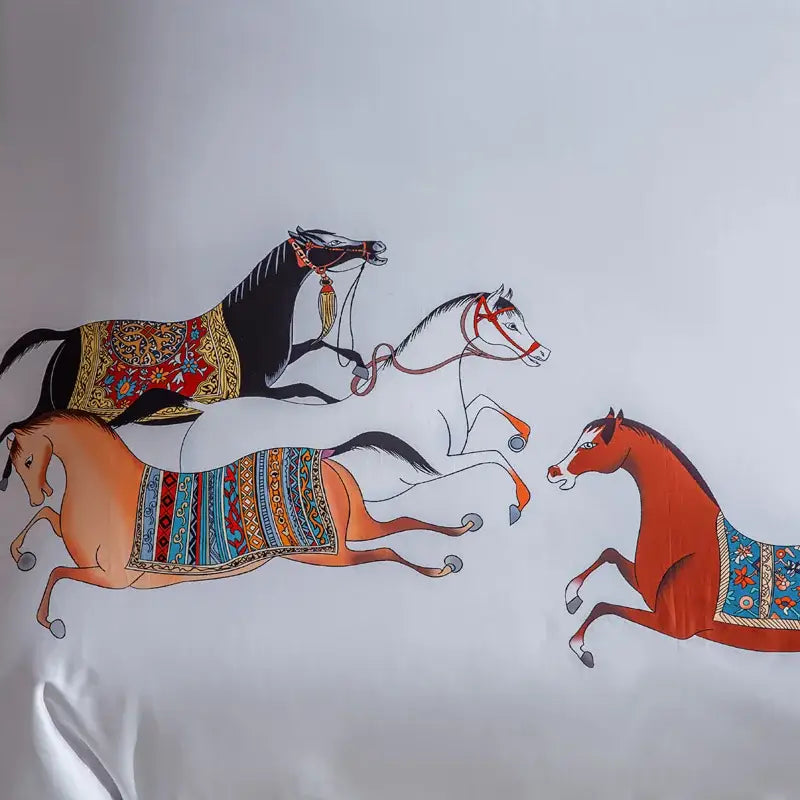 Embroidered white bedding set featuring a vibrant hand-painted decorbites galloping horse illustration on fabric