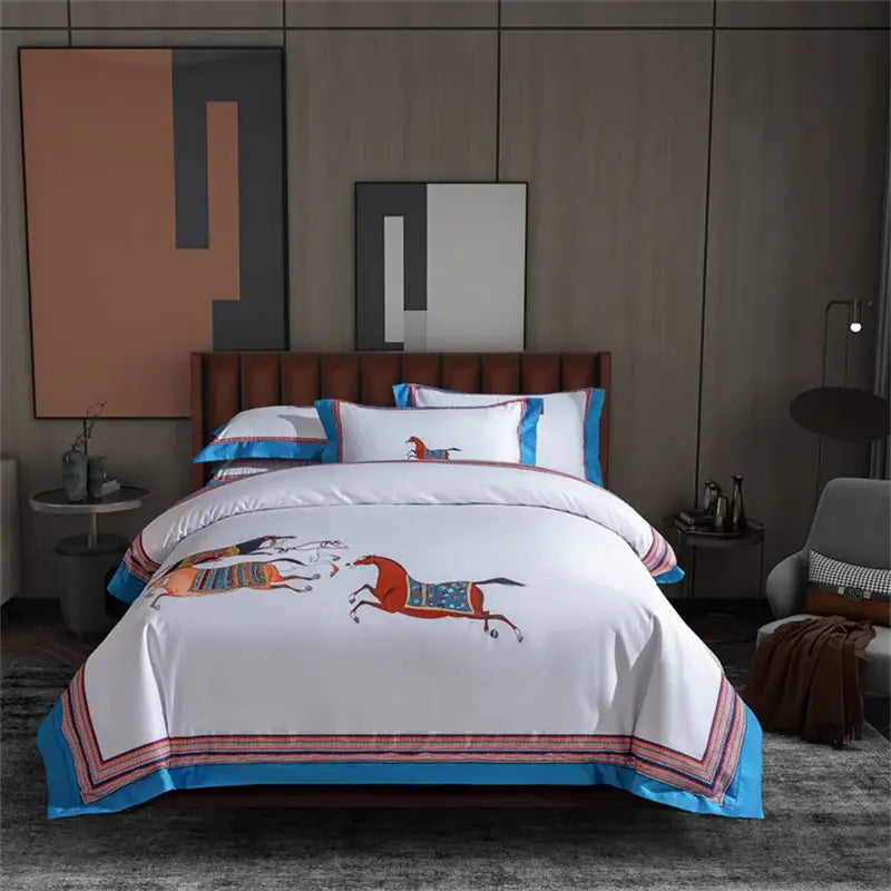 White embroidered bedding set with red and blue decorbites galloping horse design and decorative border for bedroom decor