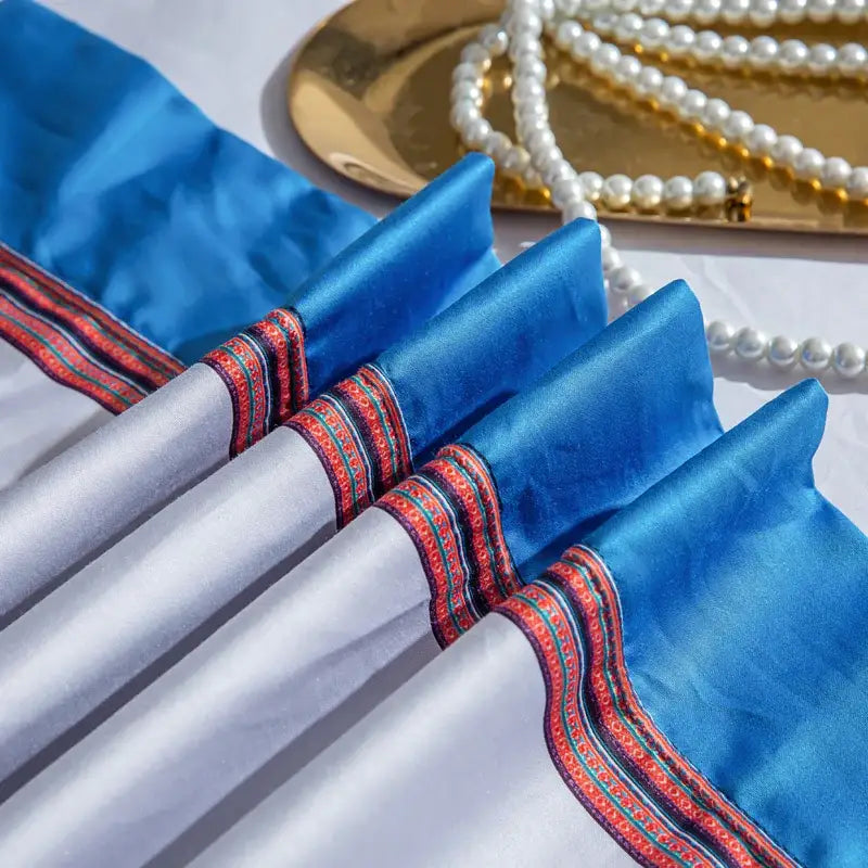 Blue satin napkins with red and teal embroidered trim for decorbites galloping horse bedding set bedroom decor