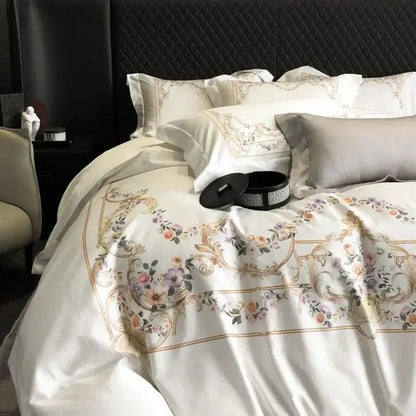 Cream-colored satin duvet cover with floral embroidery in pink, purple, and gold in egyptian cotton bedding set