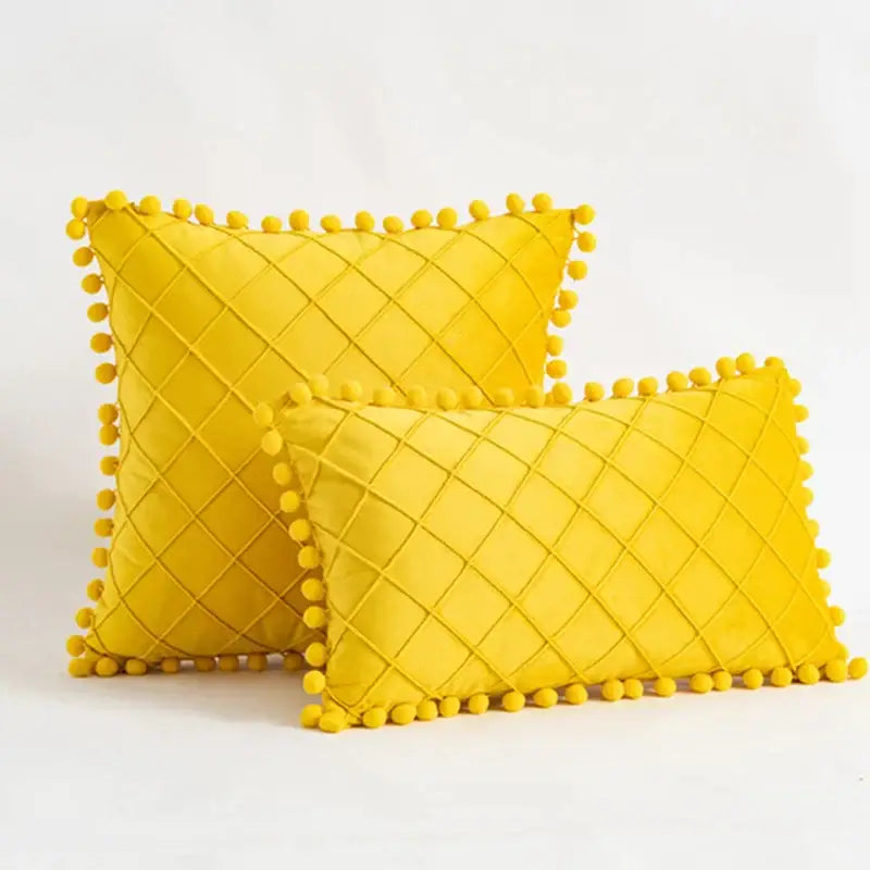 Bright yellow quilted diamond pillow with pom-pom trim for decorbites corduroy striped pompom pillowcase living room use