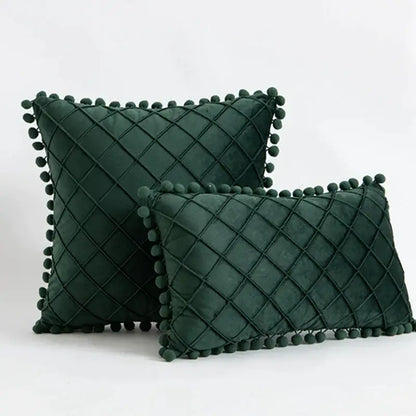 Deep green velvet pillow with diamond quilted pattern and pompom trim for decorbites corduroy striped pompom pillowcase