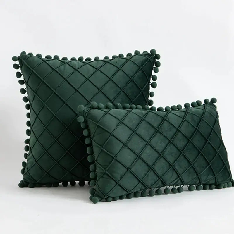 Deep green velvet pillow with diamond quilted pattern and pompom trim for decorbites corduroy striped pompom pillowcase