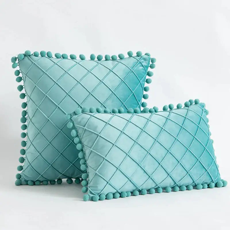 Teal velvet throw pillows with quilted diamond pattern and pom-pom trim for decorbites corduroy striped pompom pillowcase decor