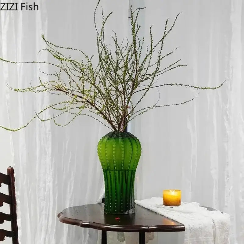 Emerald green cactus frosted glass vase with ribbed dotted texture for living room table decor by decorbites