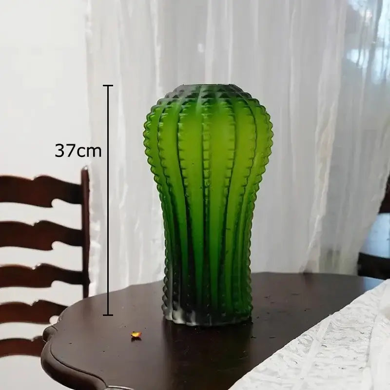 Emerald green cactus frosted glass vase with ribbed design and darker base for living room decorbites cactus frosted decor