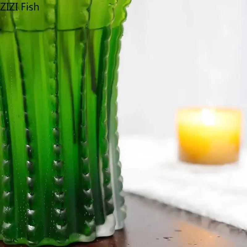 Emerald green cactus frosted glass vase with vertical ridges and bead-like indentations for living room decorbites decor