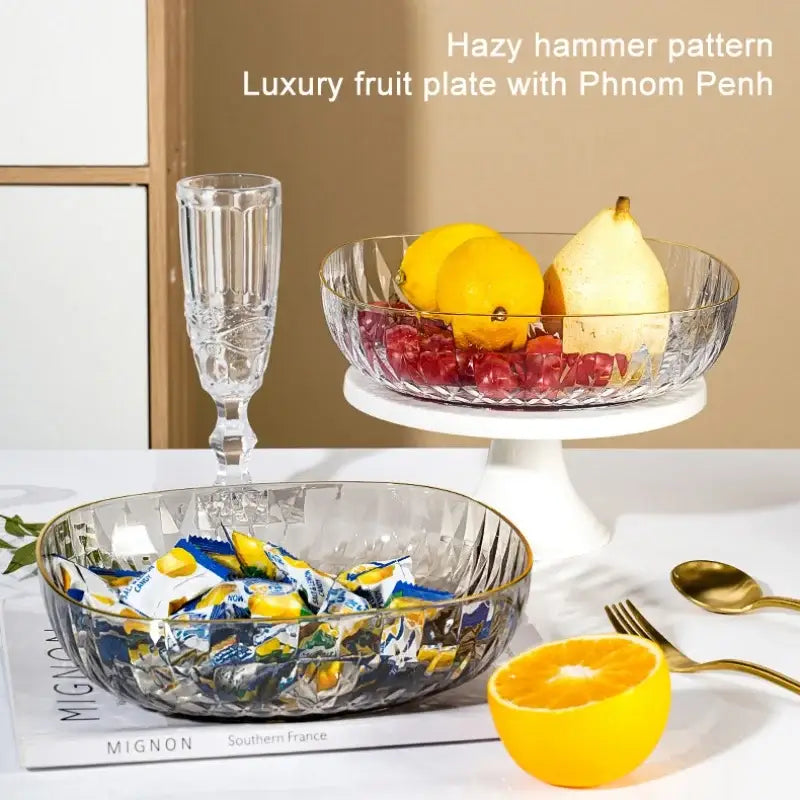 Emerald green decorbites crystal fruit plate with hazy hammer pattern gold rim featuring lemons and pomegranates