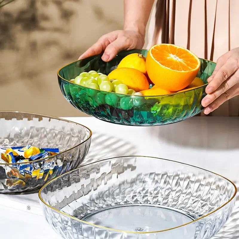 Emerald green crystal fruit plate with gold rim and faceted texture by decorbites for elegant dining decor