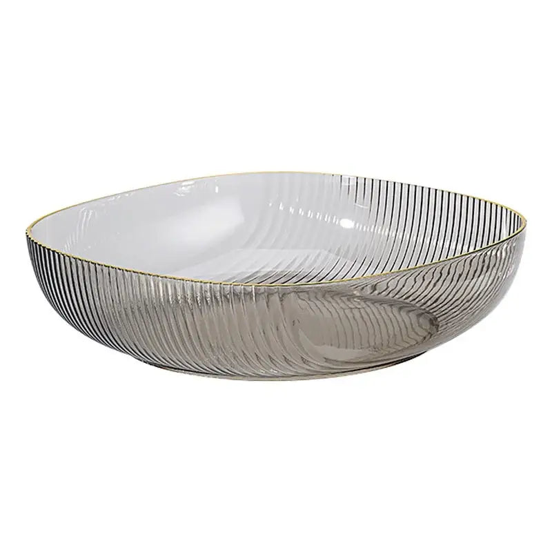 A sleek translucent gray glass crystal fruit plate with ribbed texture and elegant gold rim for decorbites crystal fruit use