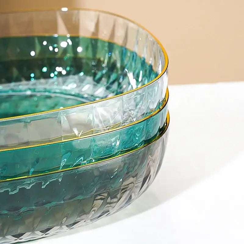 Stacked teal glass crystal fruit plate with gold rims and faceted surface for elegant decorbites crystal fruit display