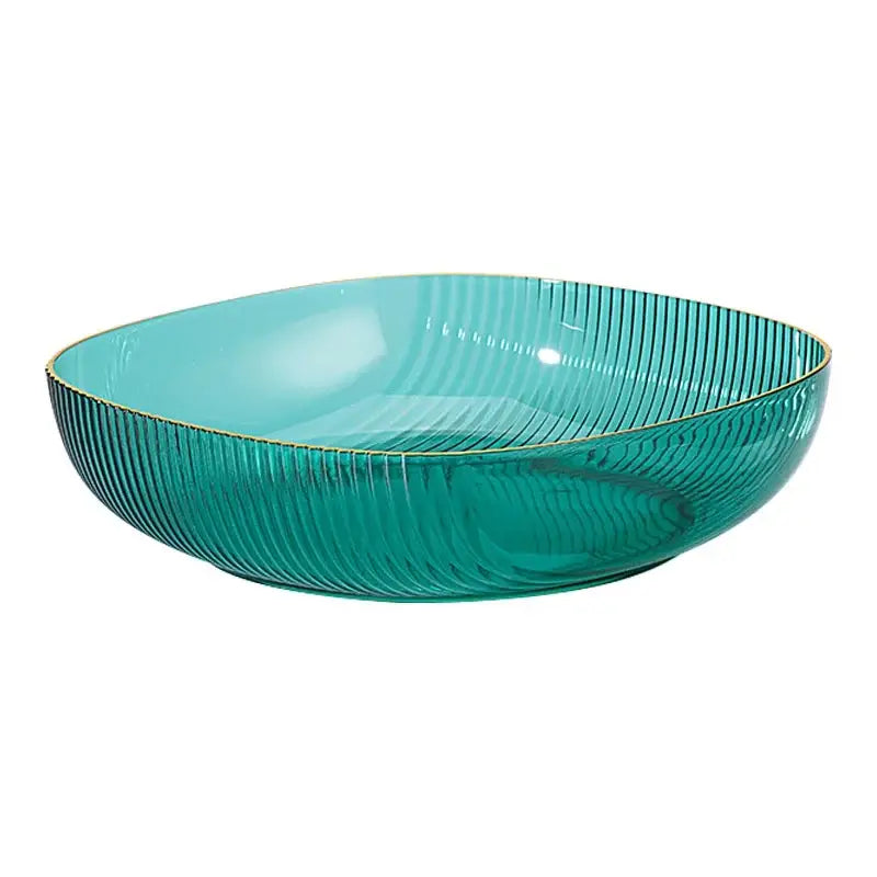 Teal decorbites crystal fruit plate with vertical ribbed texture and gold rim for elegant dining room display
