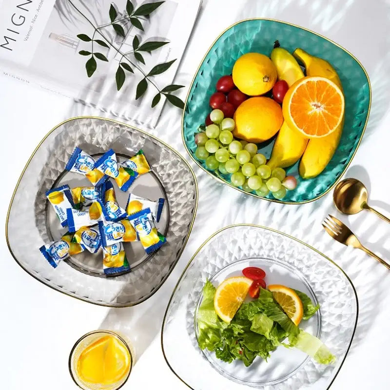 Teal glass crystal fruit plate with gold rim and textured surface from decorbites for elegant dining room decor