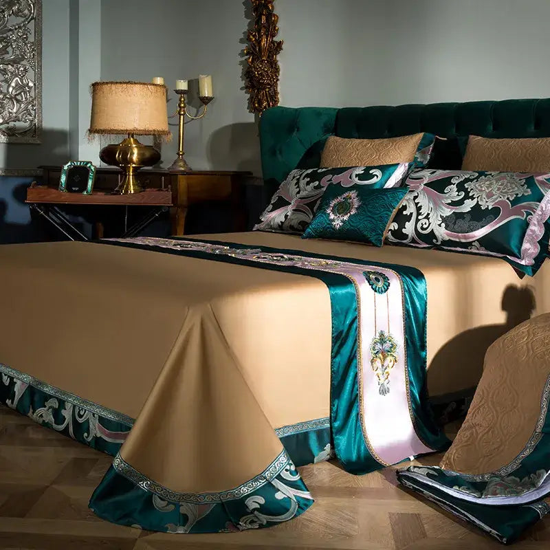 Emerald green damask 200s embroidery egyptian cotton bedding set with teal and beige satin bedspread and ornate floral embroidery