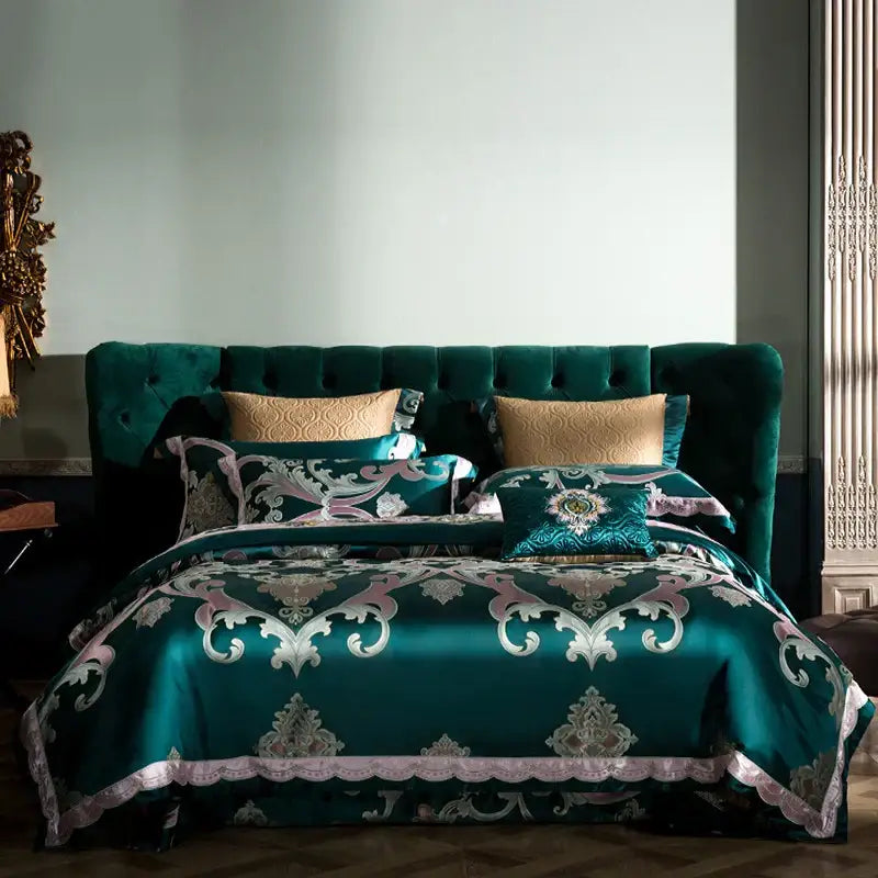 Luxurious emerald green satin bedding set with intricate silver and blush pink damask 200s embroidery egyptian cotton
