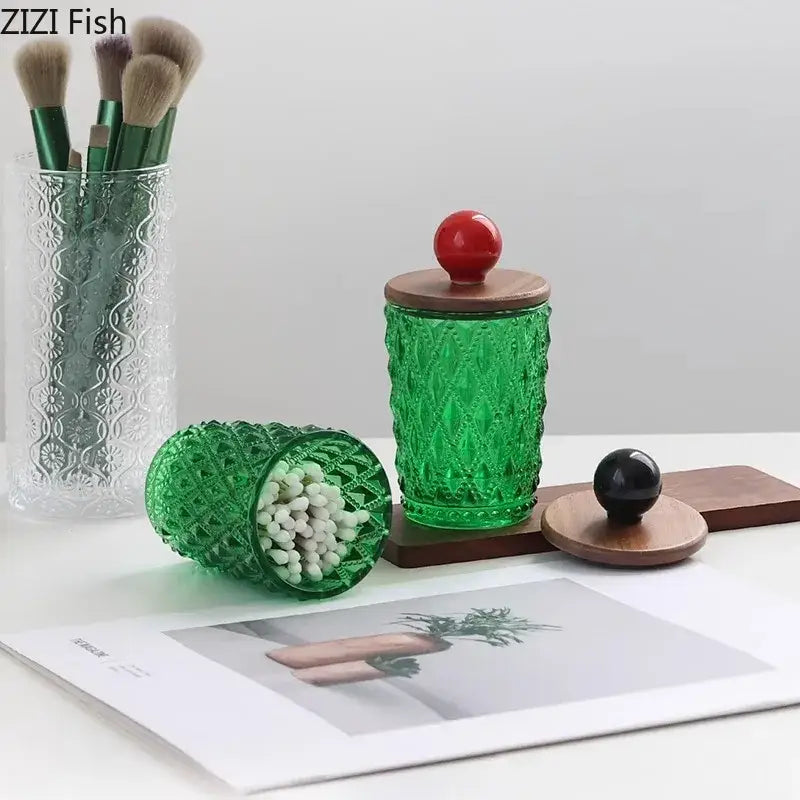 Emerald green diamond glass storage jar with walnut lid and red decorbites ceramic ball knob for kitchen decor