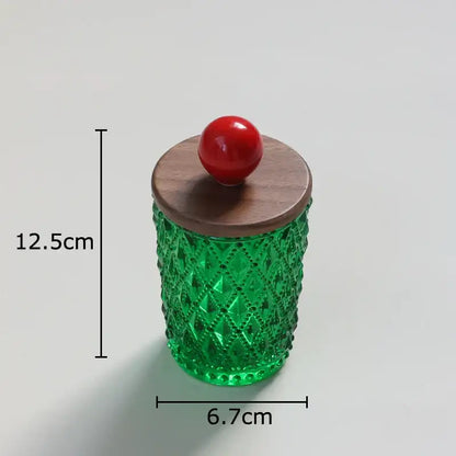 Emerald green diamond glass storage jar with walnut lid and decorbites ceramic ball knob for kitchen decor