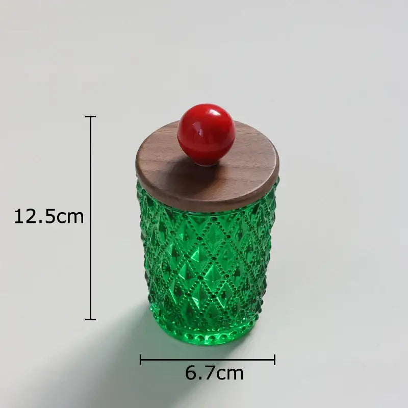 Emerald green diamond glass storage jar with walnut lid and decorbites ceramic ball knob for kitchen decor