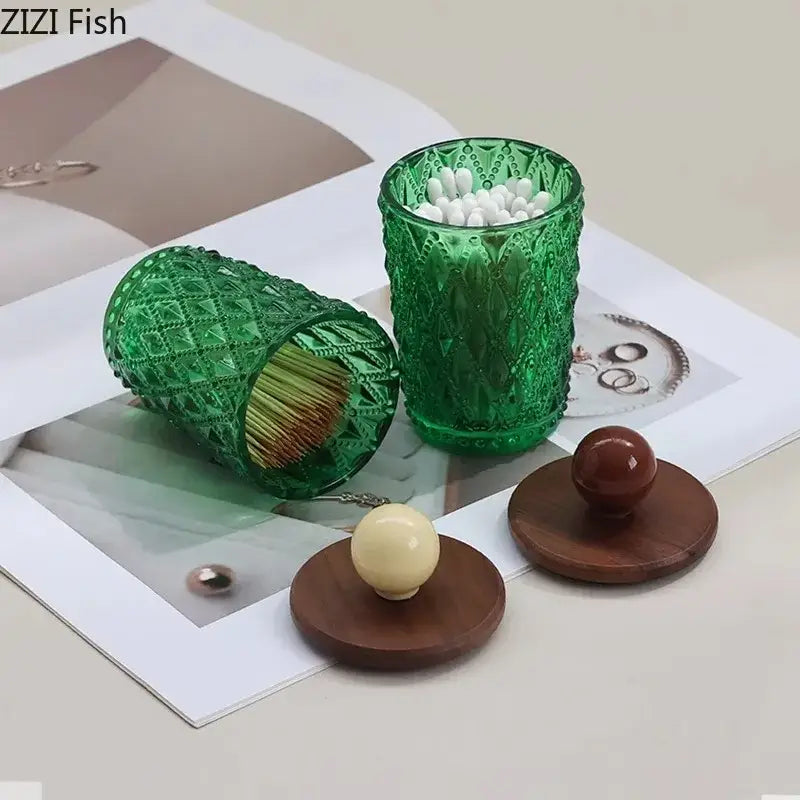 Emerald green diamond glass storage jar with intricate patterns and walnut lid featuring decorbites ceramic ball knob