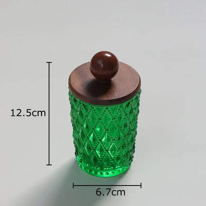 Emerald green diamond glass storage jar with walnut lid and smooth decorbites ceramic ball knob for kitchen decor