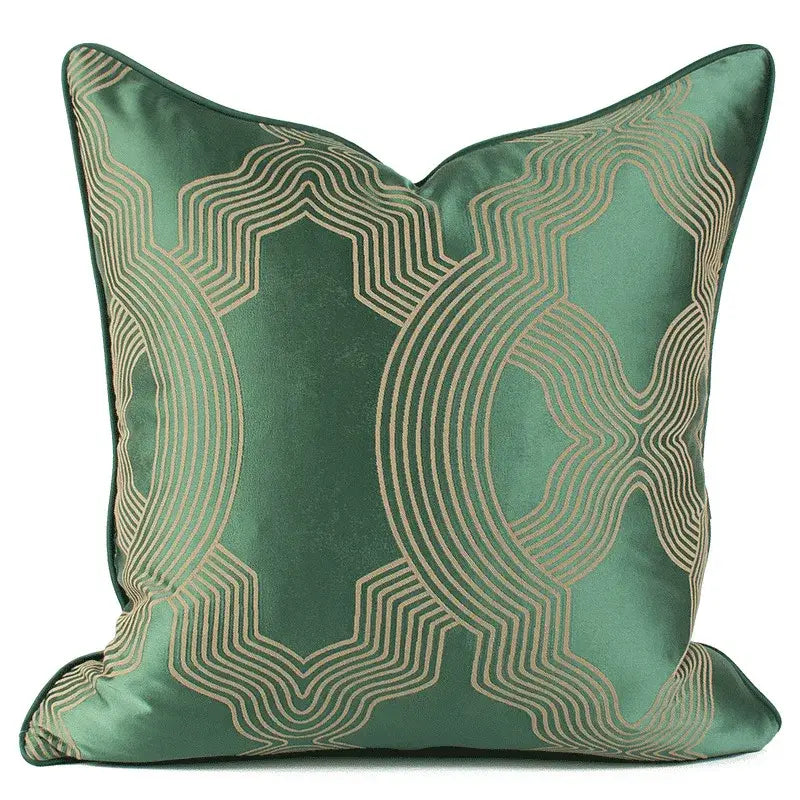 Emerald green satin cushion cover with gold-toned geometric embroidery ideal for living room decor