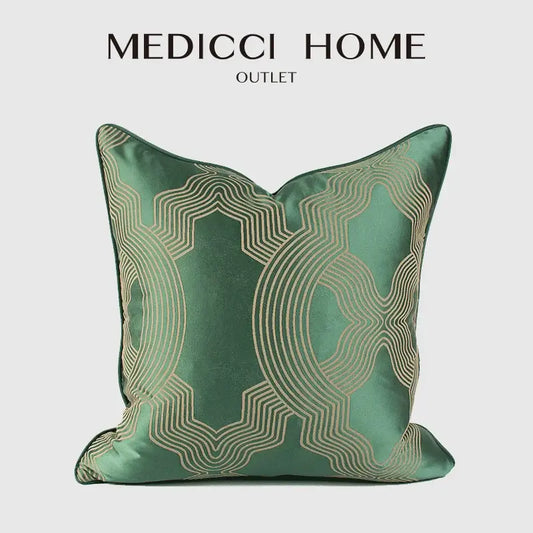 Emerald green geo jacquard cushion cover with satin texture and gold-toned geometric embroidery for living room pillow