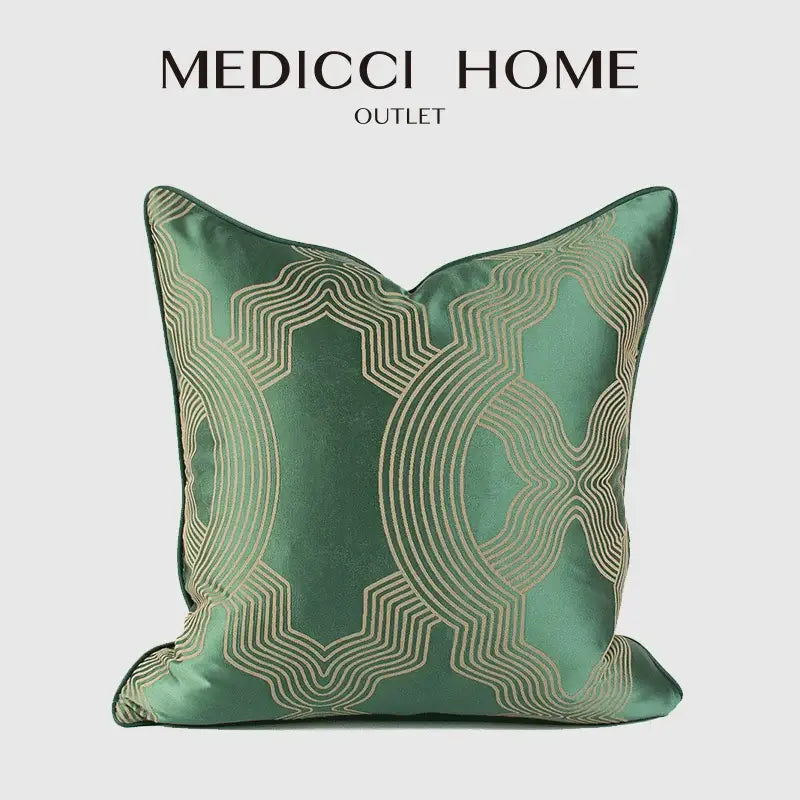 Emerald green geo jacquard cushion cover with satin texture and gold-toned geometric embroidery for living room pillow