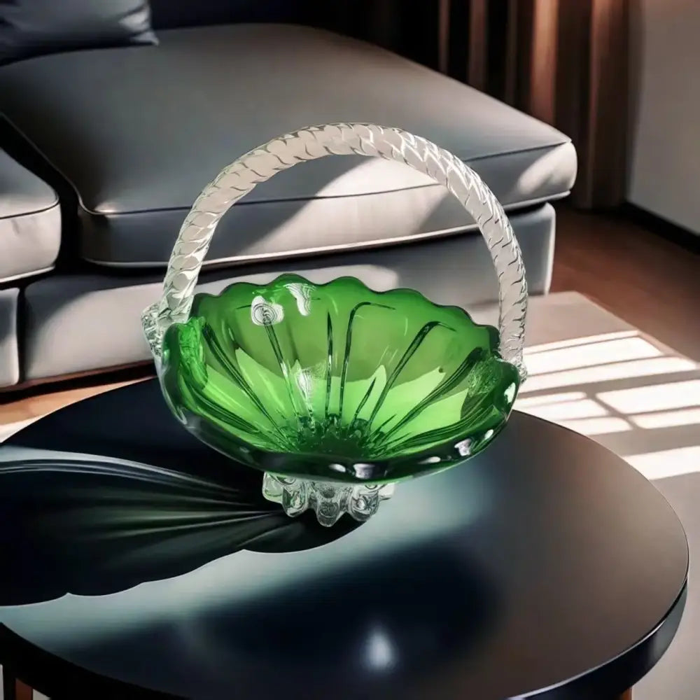 Emerald green glass fruit basket with decorbites crystal handle scalloped edges on dark reflective glass tray