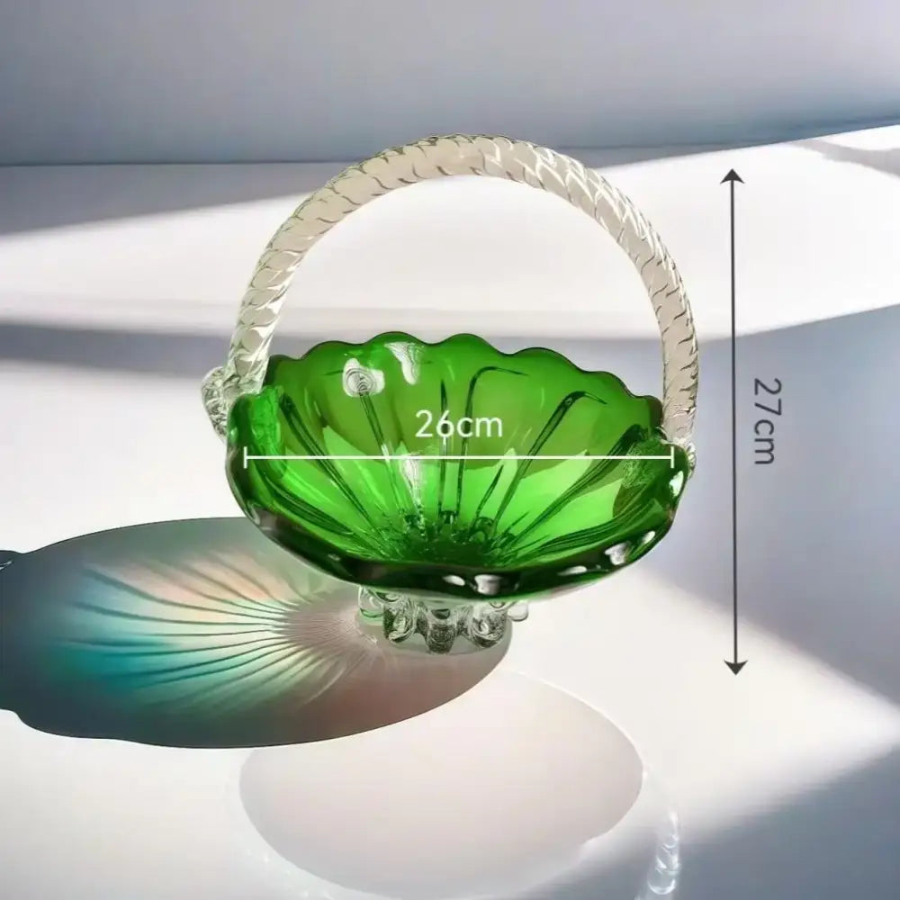 Emerald green glass fruit basket with decorbites crystal handle twisted clear glass handle and scalloped edges tray