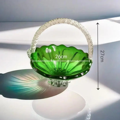 Emerald green glass fruit basket with decorbites crystal handle twisted clear glass handle and scalloped edges tray