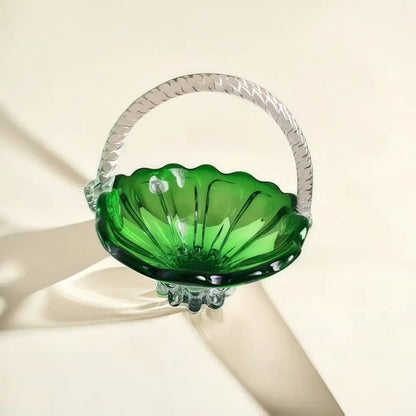 Emerald green glass fruit basket with translucent scalloped edges and twisted decorbites crystal handle tray for living room decor