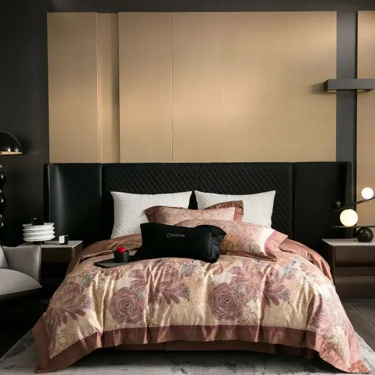 Emerald green and gold egyptian cotton bedding set with floral rose and beige bed linens featuring satin trim