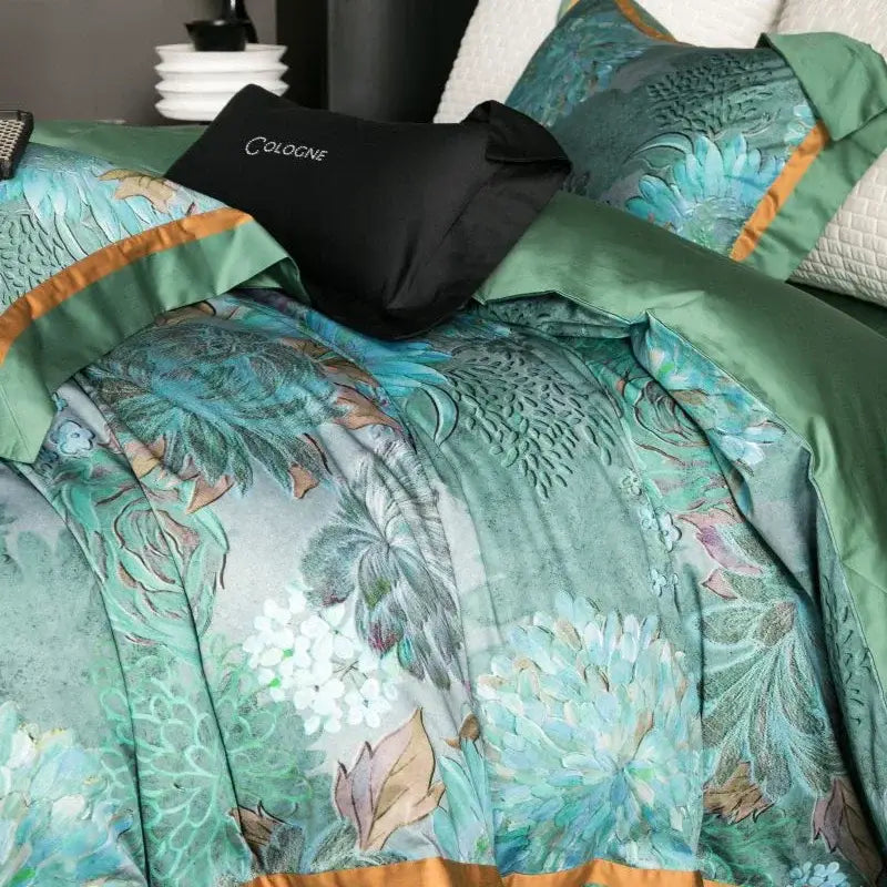 Emerald green and gold egyptian cotton bedding set with satin duvet cover featuring teal botanical print and cologne pillow