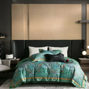Emerald green and gold egyptian cotton bedding set with floral satin duvet cover on bed linens in elegant bedroom