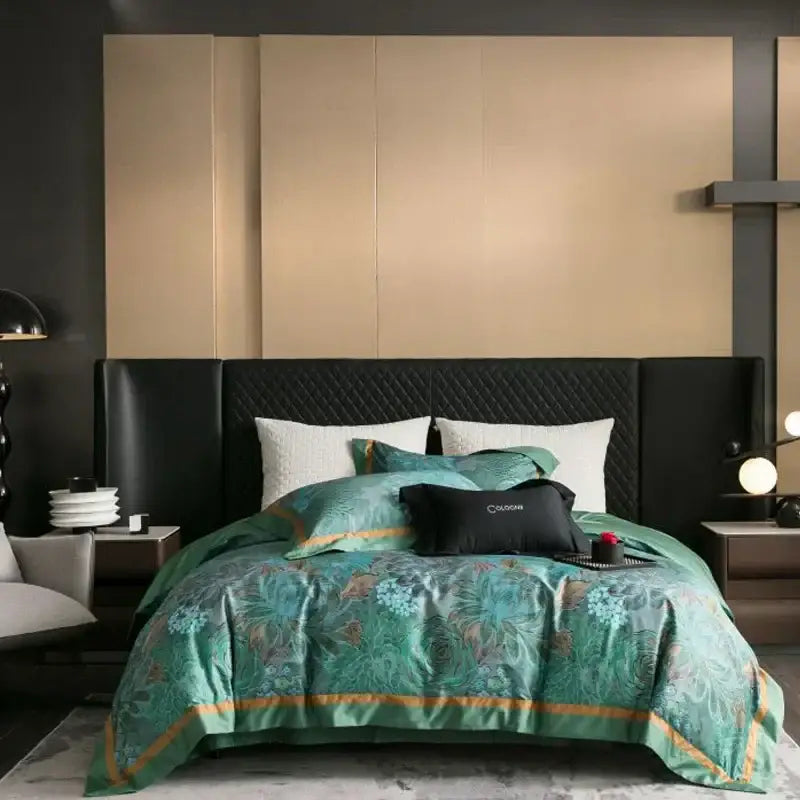 Emerald green and gold egyptian cotton bedding set with floral pattern satin duvet cover on bed linens in elegant bedroom