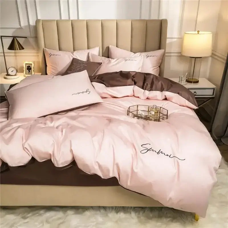 Emerald green and pink egyptian cotton bedding set with pink satin duvet cover and black embroidered brown accent pillows