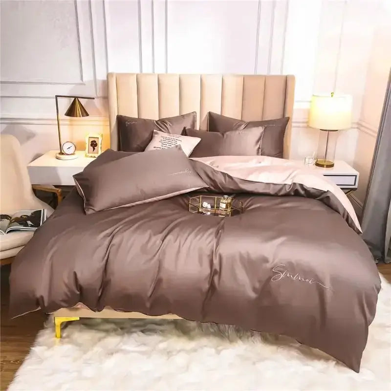 Brown satin duvet cover set with subtle embroidered signature front in emerald green and pink egyptian cotton bedding set