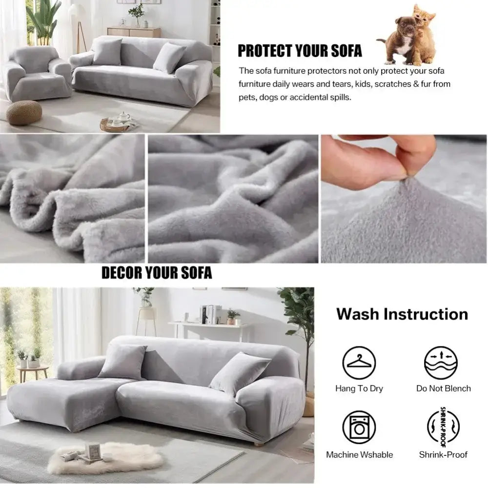 Soft gray fabric sofa cover designed to protect and decorate furniture with plush velvet emerald green style