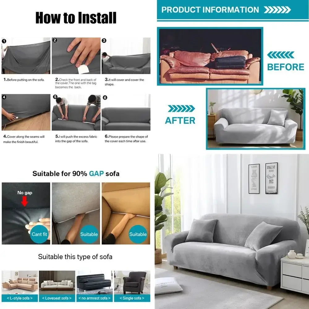 Gray stretchy sofa cover designed for 90 percent gap sofas with emerald green plush velvet material for living room use