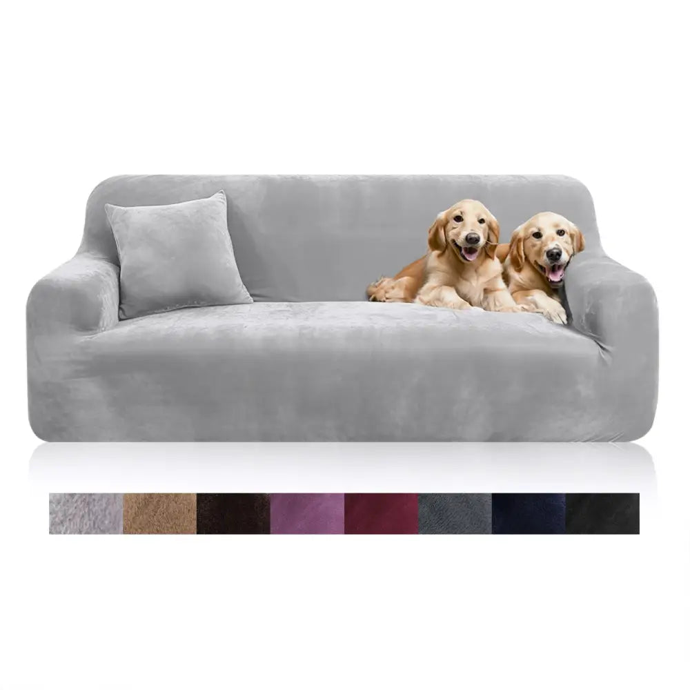 Gray plush sofa cover with matching pillow featuring soft velour texture and stretchy fit for living room use