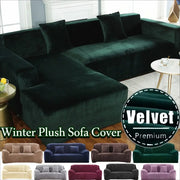 Deep emerald green plush velvet sofa cover with a stretchy fit for living room furniture protection