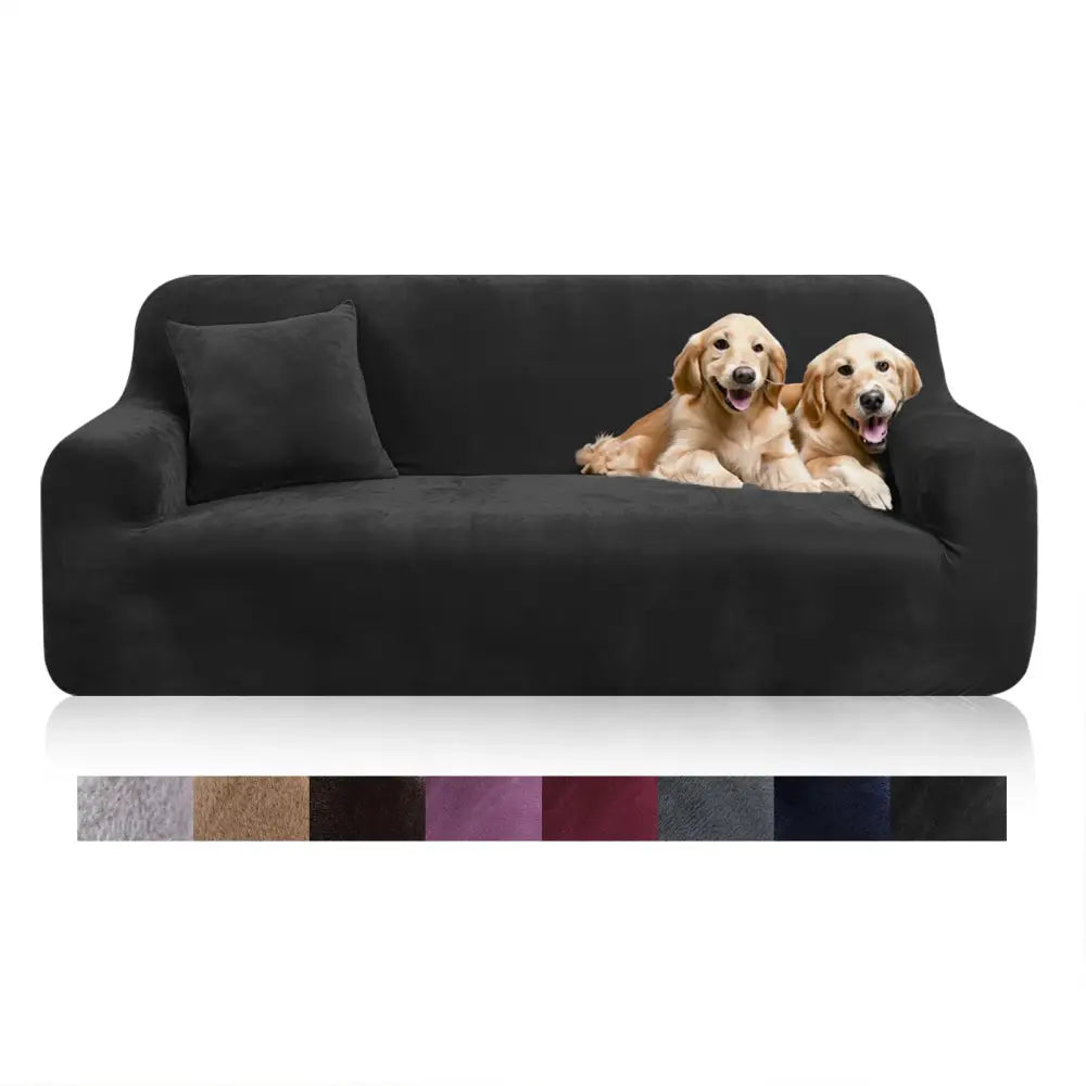 Emerald green plush velvet sofa cover with stretchy, form-fitting design and elasticized edge for secure fit