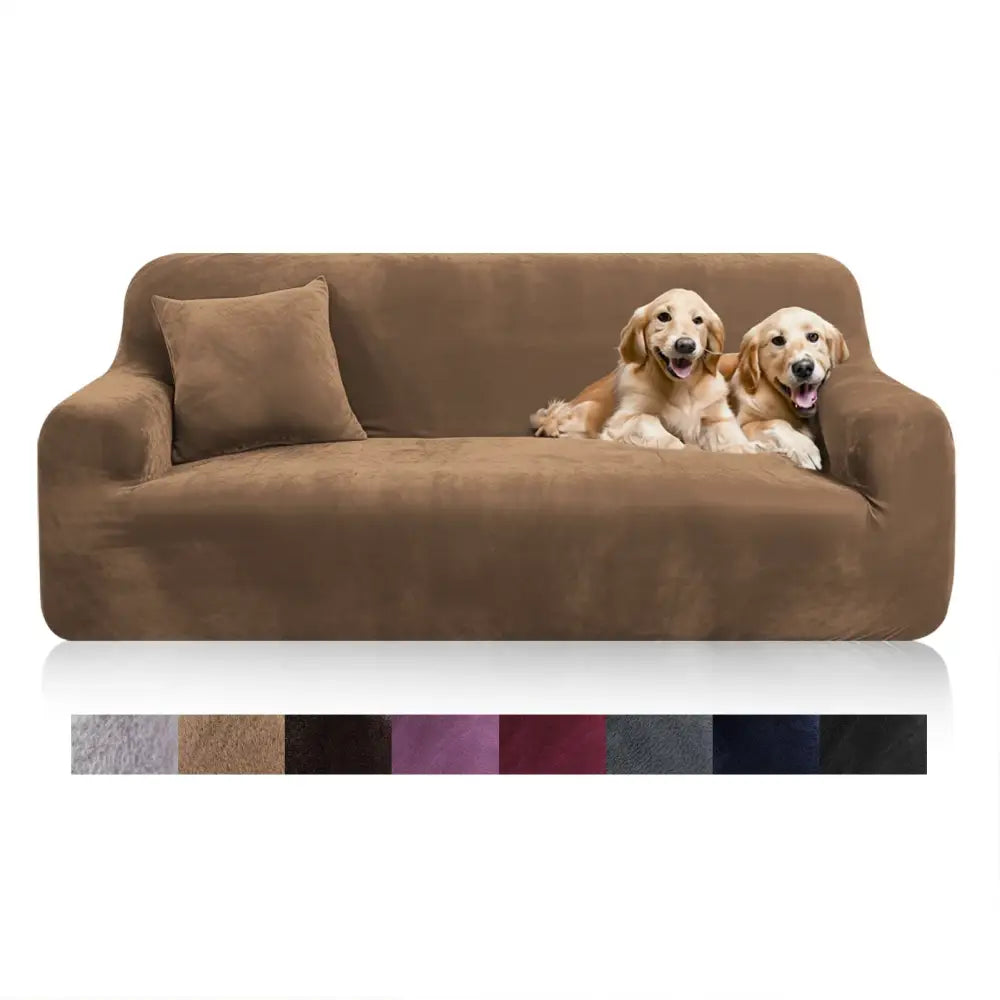 Brown suede-like sofa cover with matching pillow featuring stretchy fit and soft texture for living room use