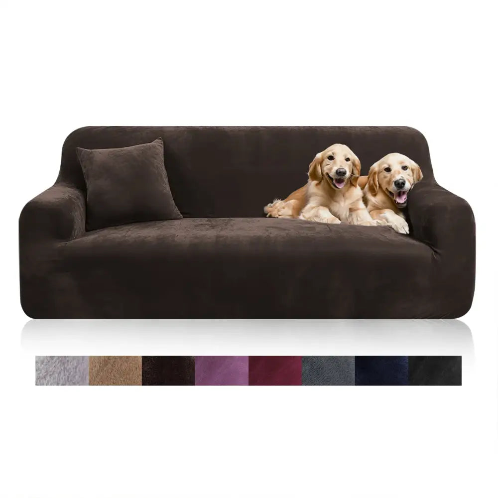 Brown plush sofa cover with soft stretchy fabric fitting snugly over couch for living room slipcover use