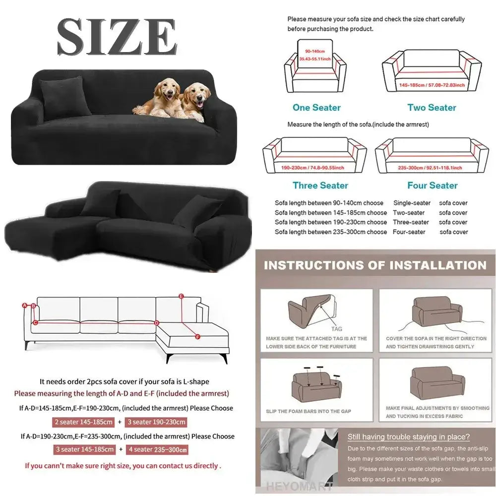 Black stretchy sofa cover made of plush velvet designed for versatile seating configurations in living room use