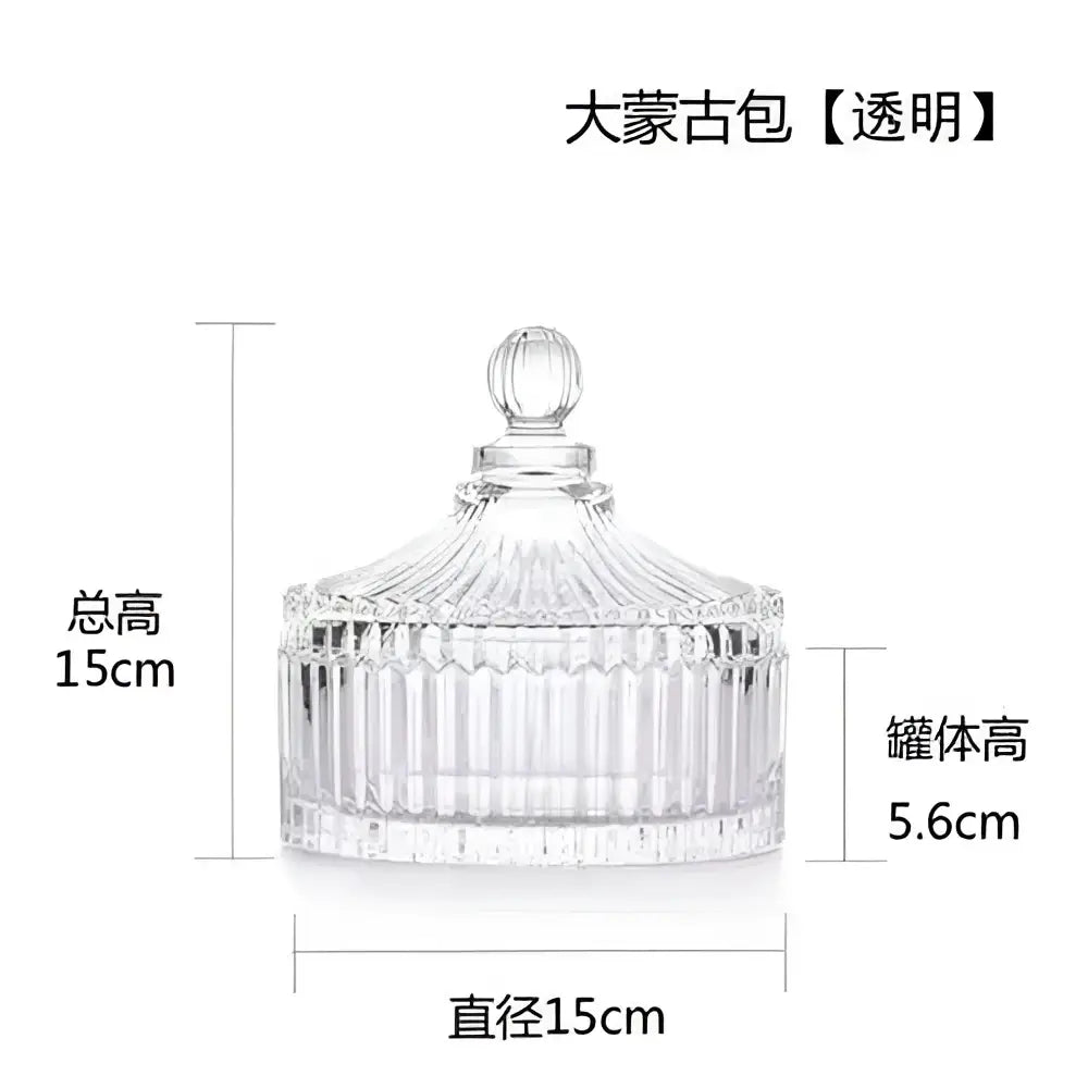 Clear glass storage jar with vertical ridges and rounded knob matching decorbites green striped bedroom jewelry jar