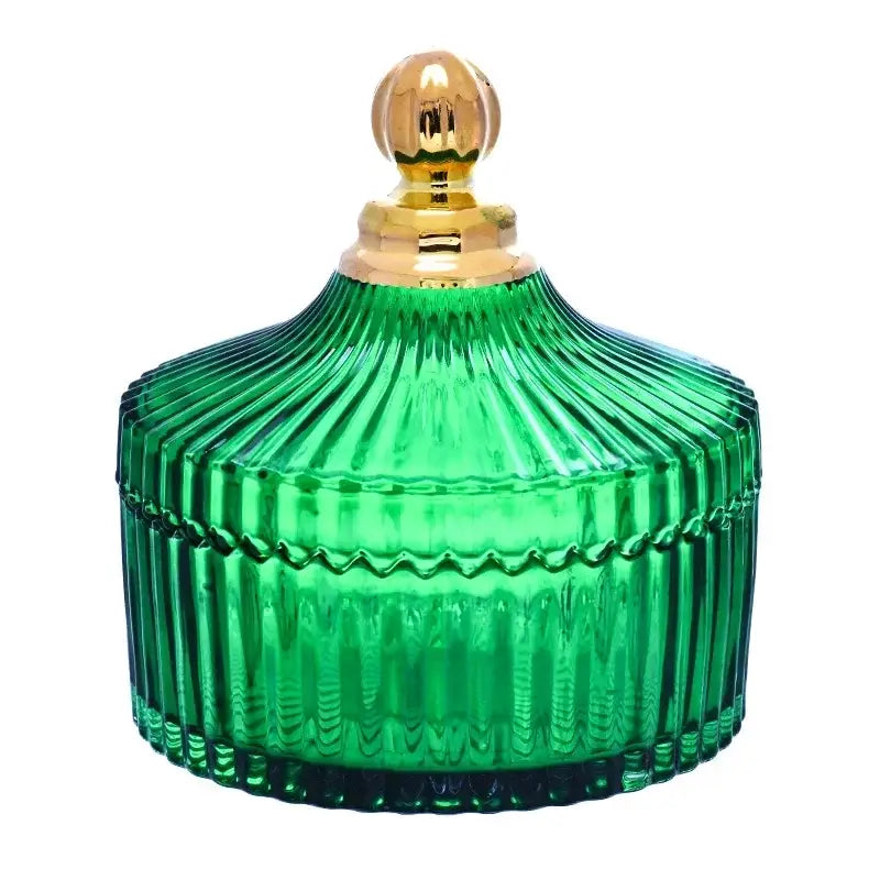 Emerald green striped ribbed glass storage jar with a golden lid for bedroom jewelry decorbites green striped jar